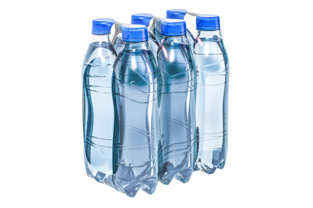 Water bottles wrapped in the shrink film, 3D rendering isolated on white background stock photo