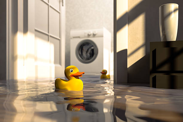 Water damage caused by defective washing machine and rubber ducks Residential water damage caused by defective washing machine. Shallow depth of field Cg-image. flood stock pictures, royalty-free photos & images