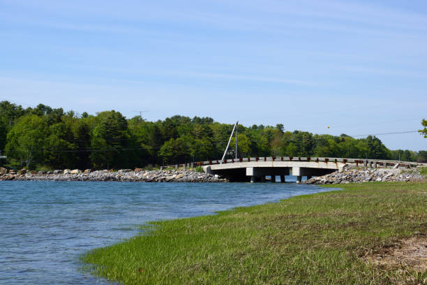 water flows below Talbot Rd. Bridge, Cousins to Littlejohn Island, Yarmouth, Maine stock photo
