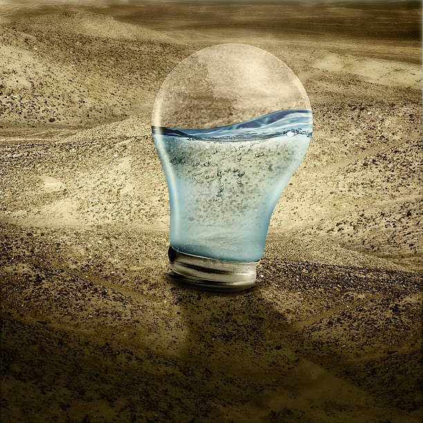 Water in light bulb on dried land stock photo
