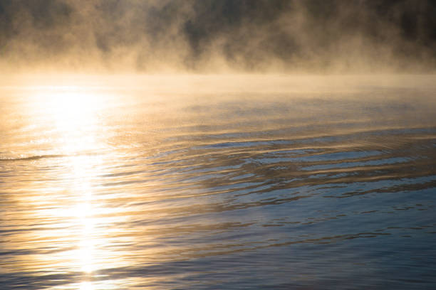 Water Ripples in a misty lake at sunrise stock photo
