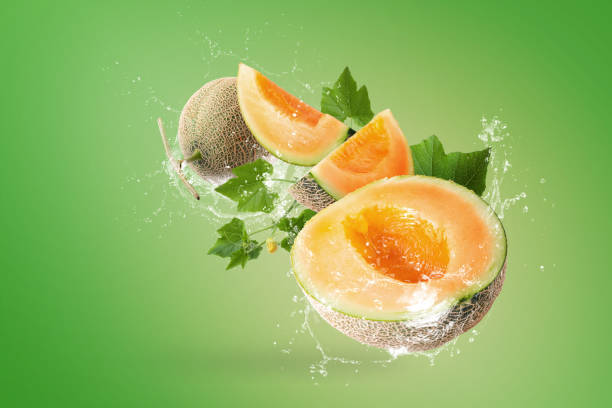 Water splashing on Sliced of Japanese melons on green background stock photo