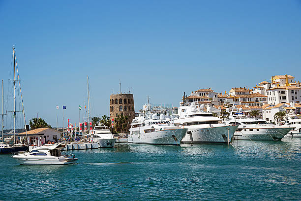 Water traffic in summer Puerto Banus Water traffic of civil boats in summer Puerto Banus marbella stock pictures, royalty-free photos & images