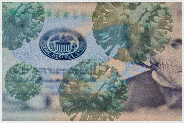 acuarela filtrada american billete de veinte dólares, en el que 3d renderizado covid- 19 virus se ha aplicado. - federal reserve fotografías e imágenes de stock