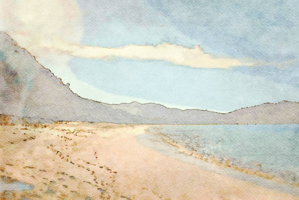 ilustración de acuarela de fondo de playa - landscape painting fotografías e imágenes de stock