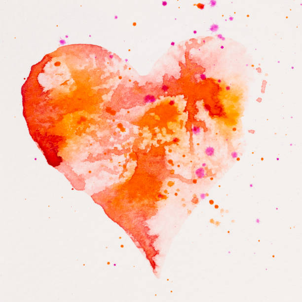 Watercolor painted pink heart, on the white watercolor paper. stock photo