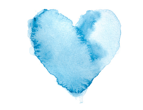 blue watercolors blend painted heart on real paper, can be used as a button on web page,  background for different designs