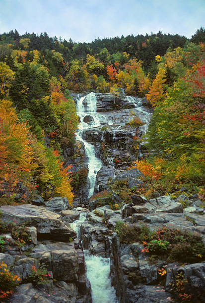 waterfall and autumn colors in New England Autumn colors surround this beautiful waterfall in the White Mountains hearkencreative stock pictures, royalty-free photos & images