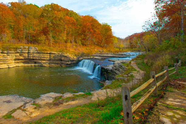 Waterfall-Cataract Falls-45 ft. Drop- On Mill Creek-Owen County Indiana-fall Colors stock photo
