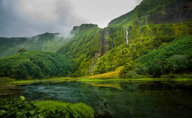 Waterfalls on Flores Island Azores Portugal stock photo