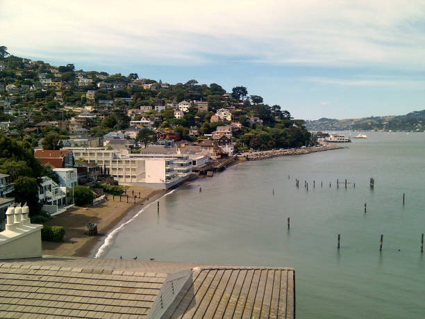 Waterfront and houses on a hillside in Sausalito stock photo