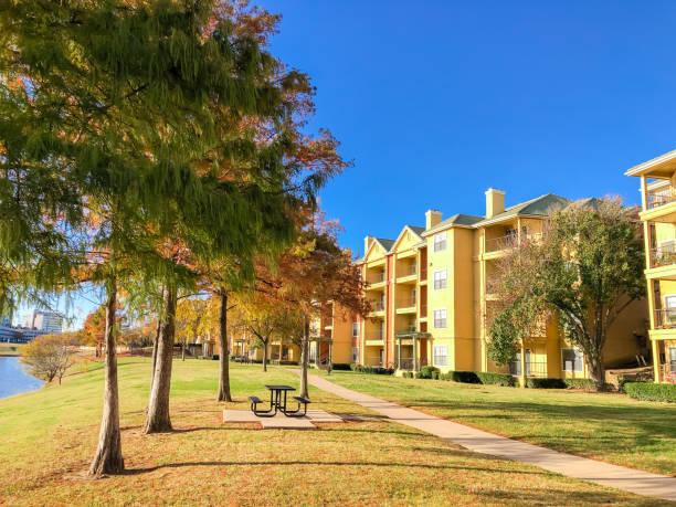 waterfront apartment building complex with picnic table and corporate building offices in background near dallas, texas, usa - bald cypress tree stockfoto's en -beelden