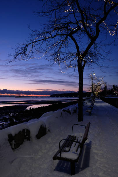 Waterfront in White Rock, BC after December snowfall stock photo