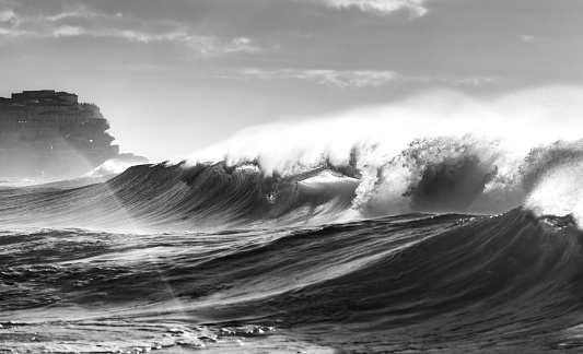 Black and white photo of waves, Sydney Australia