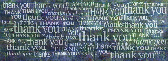 grunge blue green rustic brick wall with many different size and fonts saying thank you and thanks