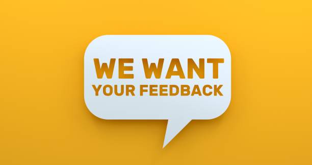 vi vill ha din feedback. vit prat bubbla på gul bakgrund - survey bildbanksfoton och bilder