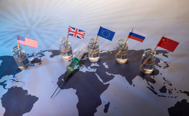 Wealthy country flags and vials on world map with vials for the global SARS/COVID pandemic vaccine war, with vaccine hoarding, restricting equal access to vaccines across the world, seen as a moral failure resulting in inequality stock photo