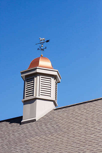 Weather Vane on Copper Cupola A cupola with copper roof and weather vane on a roof under a clear blue sky cupola stock pictures, royalty-free photos & images