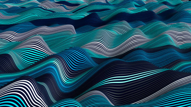 weave lines. Abstract background Blue cyan green Black colored dynamic waves cloth wavy folds 3d illustration stock photo