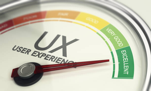 Web Design and Marketing Concept, Measuring UX, User Experience 3D illustration of an user experience gauge with the needle pointing excellent UX. Marketing concept user experience stock pictures, royalty-free photos & images