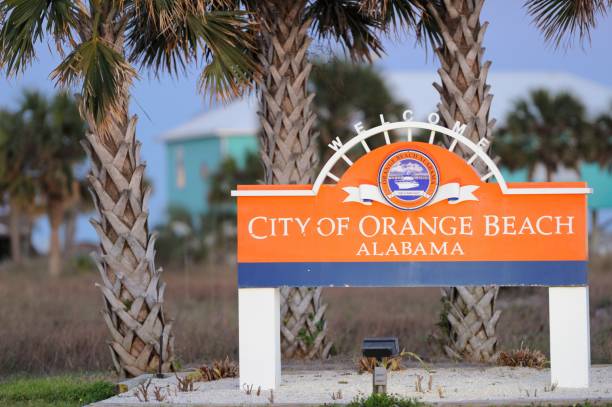 Weclome City of Orange Beach Alabama sign on roadway stock photo