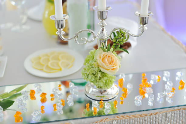 wedding banquet in restaurant, reception venue tables