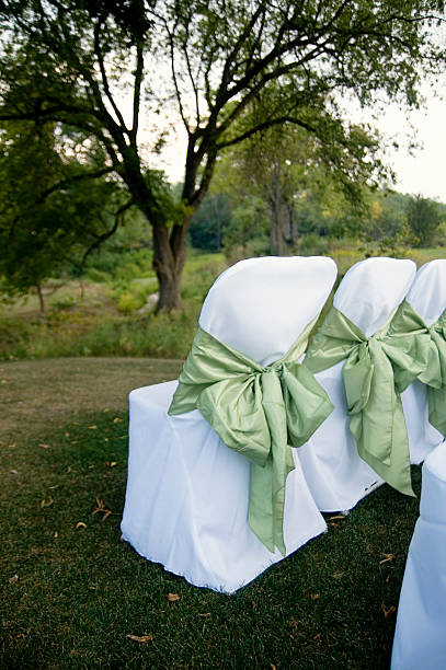 Wedding chairs with green bows shown outdoors stock photo