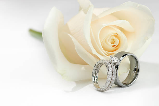 Wedding Rings and a White Rose  white gold wedding bands stock pictures, royalty-free photos & images