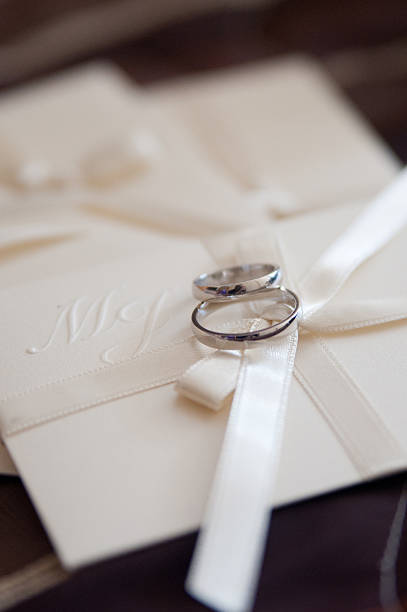 Wedding rings on the elegant invitation stock photo