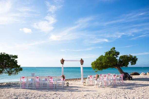 wedding setup on the beach wedding setup on the beach with blue sky and ocean background chupah stock pictures, royalty-free photos & images