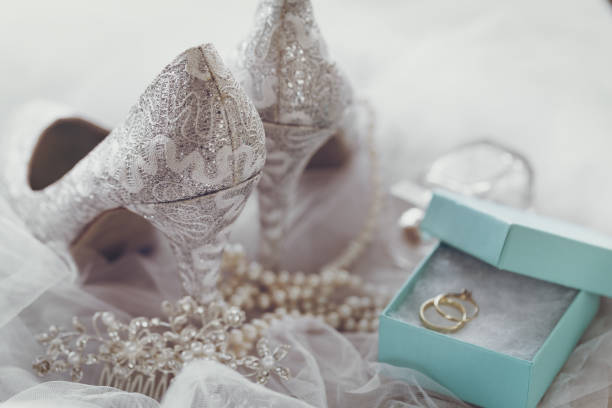 Wedding shoes and bridal accessories stock photo