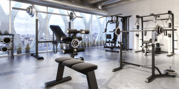Weights Training Equipment (panoramic) Weights Training Equipment (panoramic) - 3d visualization exercise machine stock pictures, royalty-free photos & images