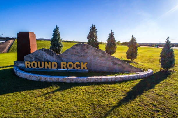 Welcome sign at Round rock  , Texas small town highway intersection overpass travel road way stock photo