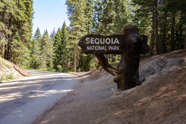 Welcome Sign at the entrance to Sequoia National Park California USA stock photo