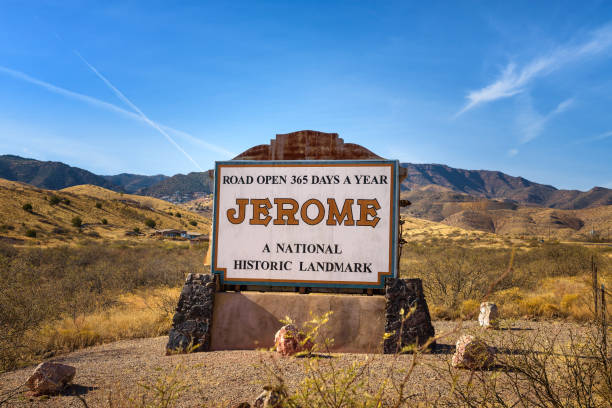 Welcome sign to the historic mountain town of Jerome, Arizona Welcome sign to the small historic mountain town of Jerome in Arizona. jerome arizona stock pictures, royalty-free photos & images