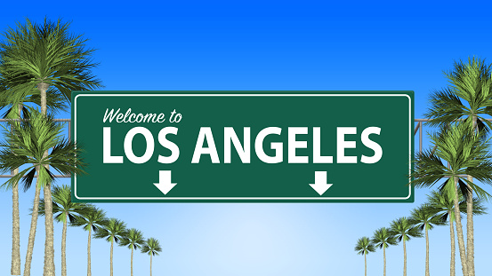 Welcome to Los Angeles freeway sign with palm trees