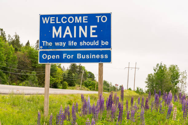 Welcome to Maine Roadside Sign stock photo