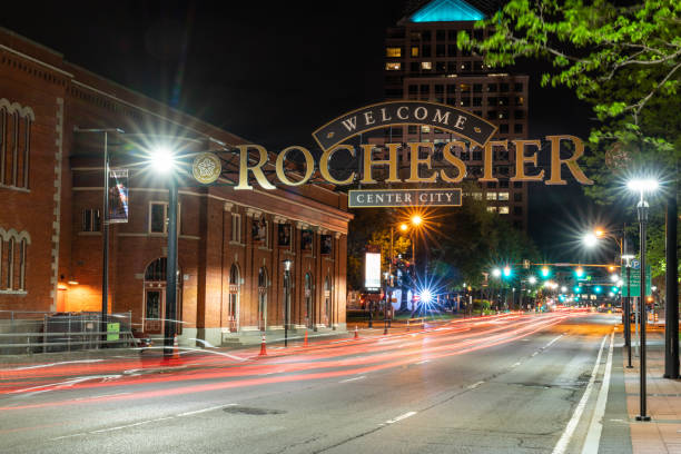 Welcome to Rochester Sign at Night stock photo