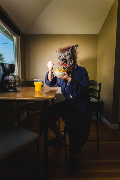 Werewolf Man Eating Breakfast On a Lazy Weekend Morning. Humor inspired shoot of a werewolf man relaxing in his bathrobe drinking orange juice in the kitchen with his breakfast.