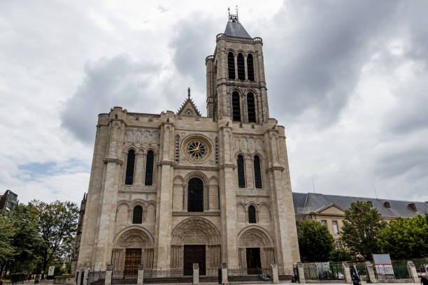 West facade of the Basilica Cathedral of Saint Denis stock photo