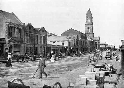 West Street in Durban, South Africa. Vintage photo etching circa 19th century.