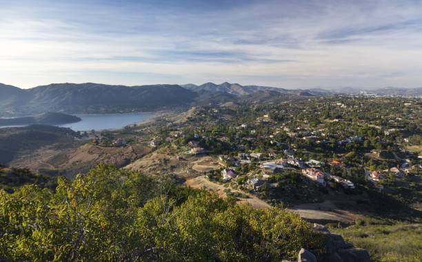 West View from Summit of Bernardo Mountain in Poway, San Diego County North Southern California Landscape View of Forested Hills and Blue Lake Hodges in San Diego North County Inland from Summit of Bernardo Mountain in Poway lake hodges stock pictures, royalty-free photos & images