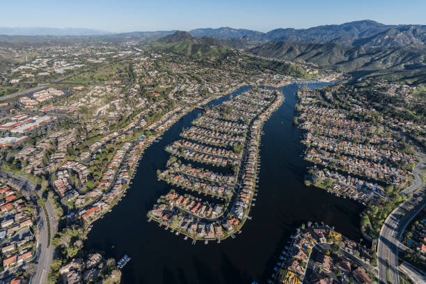 Westlake Village Lake and Island California Aerial stock photo