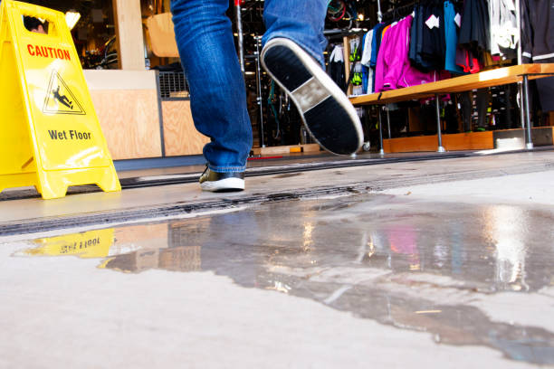Wet floor in a retail store. stock photo