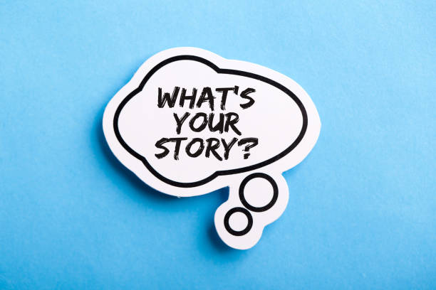 What Is Your Story Speech Bubble Isolated On Blue Background stock photo