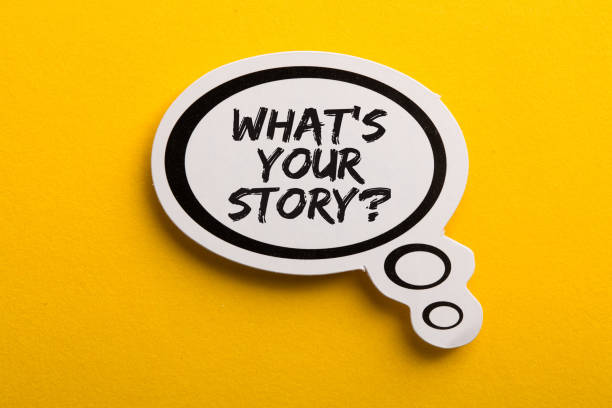 What Is Your Story Speech Bubble Isolated On Yellow Background stock photo