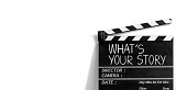 istock what's your story, Text title written on the film slate or clapperboard. 1326478983