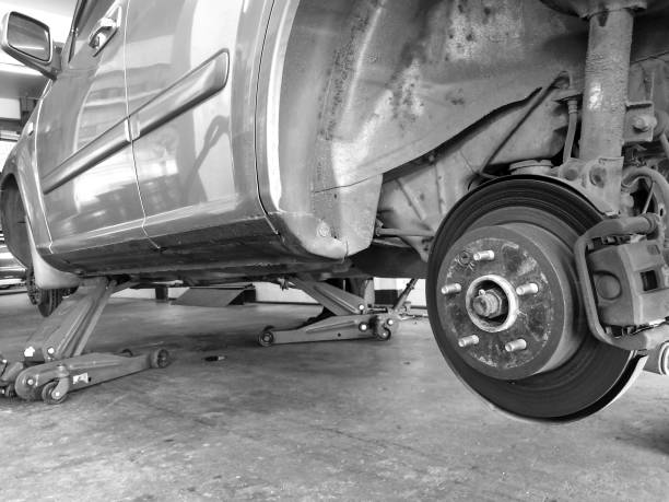 Wheel hub in the process of changing SUV car wheel. stock photo