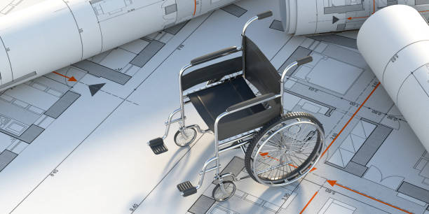 Wheelchair on construction drawings background. 3d illustration stock photo