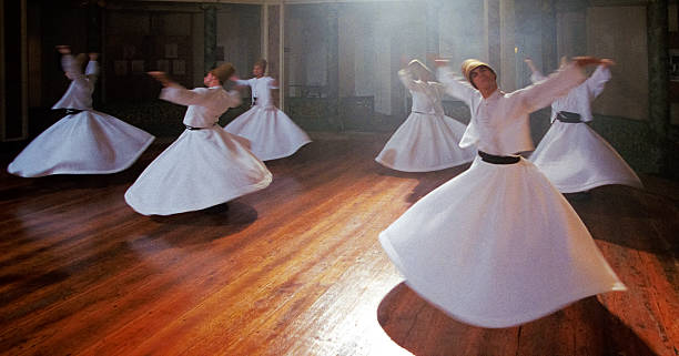 whirling derwishes during traditional ceremony - galata stockfoto's en -beelden